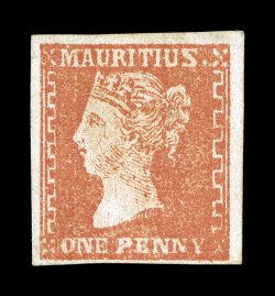 S.G. 42, 1859 1p Dull vermilion on laid paper, three large margins, fourth at bottom quite ample, lovely rich color and a clean impression, part o.g. (any original gum on this
stamp is rare), small filled thin, very fine appearance a rarely off
