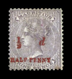 S.G. 78, 1876 12 dHALF PENNY red surcharge Ty. 12 on 9p Dull purple, prepared for use but never issued, unused, traces of o.g., deep color, tiny red ink mark on face and an
insignificant corner crease at top left, otherwise a fine example of