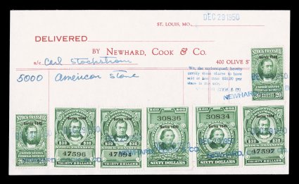 RD304, 306, $30.00 and $60.00 Bright green, Series 1949, three $30.00 and two $60.00, along with two $20.00 from the series (RD303), on stock transfer certificate of Newhard,
Cook & Co., St. Louis, with their blue straight line handstamps dated