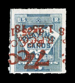 RF10c, 7c Surcharge on 2c Blue, surcharge double and inverted, two bold inverted 7c R.P.C. Co. 1-25-18 surcharges, rich color, small crease ending in a tiny tear, fine
appearance a most elusive error.