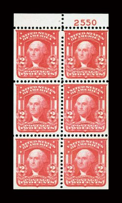 319p, 2c Scarlet, Ty. I, booklet pane of six, a gem quality complete pane showing plate no. 2550 in the top sheet tab, especially scarce thus, incredibly well centered, vivid
color and impression, immaculate o.g., n.h., extremely fine a mar