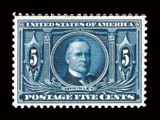 326, 5c Louisiana Purchase, excellent centering within large margins, brilliantly rich color on pristine white paper, unblemished o.g., n.h., extremely fine 2008 PSE
certificate.