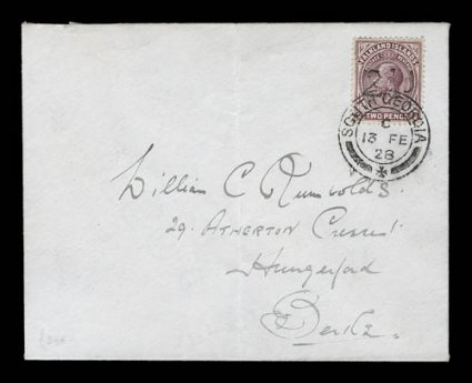 52, 1928 2 12D Provisional surcharge, nicely centered example tied to neat cover to England by clear South Georgia13 Fe28 double ring c.d.s., central vertical file fold to
cover, very fine 1961 PF certificate (S.G. 115).