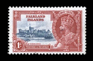 S.G. 139e, 1935 1p Silver Jubilee, double flagstaff variety, used, very lightly cancelled, nearly very fine actually much more elusive to find used than mint (Scott 77
var.).