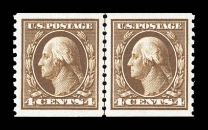 446, 4c Brown flat plate coil, perf. 10 vert., a magnificently centered and margined guide line pair, boasting enormous margins all around and being perfectly centered within
them, even the guide line is perfectly positioned between the stamps,