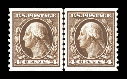 446, 4c Brown flat plate coil, perf. 10 vert., guide line pair, marvelously well centered within unusually large margins, strong rich color on crisp paper, o.g., extremely fine
a particularly handsome line pair 2007 PSE certificate (XF-Superb