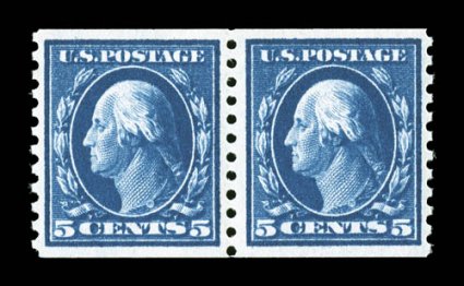 447, 5c Blue flat plate coil, perf. 10 vert., an impressive mint pair, with outstanding prooflike color and impression on bright white paper, marvelously well centered,
pristine o.g., n.h., extremely fine 1993 PF certificate for a strip of four