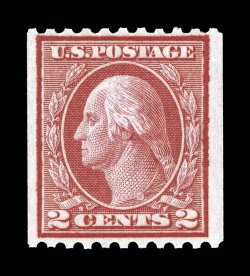 449, 2c Red rotary coil, Ty. I, perf. 10 horiz., a seldom seen mint single, well centered within wide margins, lovely bright color in the characteristic genuine shade, o.g.,
n.h., very fine a highly desirable example of this coil rarity, which