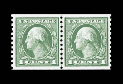 452, 1c Green rotary coil, perf. 10 vert., joint line pair, exceedingly well centered and margined, bright and fresh, o.g., n.h., extremely fine 2008 PSE certificate (XF 90 SMQ
$305.00).