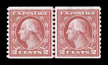 454, 2c Red rotary coil, Ty. II, perf. 10 vert., attractive joint line pair, well centered, bright and fresh, o.g., n.h., choice very fine 2003 PF
certificates.