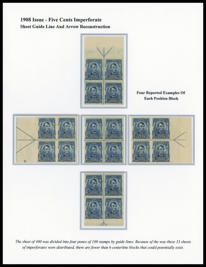 315, 5c Blue imperforate, a showpiece complete set of all four position arrow blocks of four, along with the centerline block, being a reconstruction of the sheet guide line
and arrow markings, a wonderfully matched set which is believed t