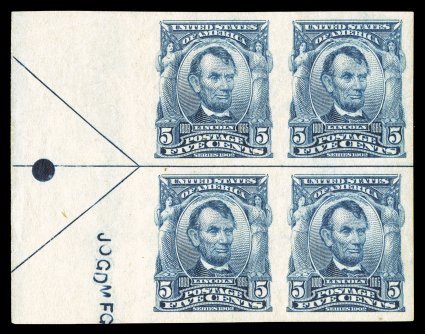 315, 5c Blue imperforate, full left sheet-margin arrow and ball marker mint block of four, exceptionally large and wonderfully well balanced margins all around, deep luxuriant
color and impression on bright paper, left sheet margin also show