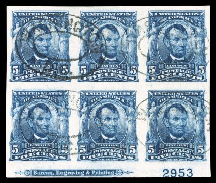 315, 5c Blue imperforate, a spectacular used bottom sheet-margin imprint and plate no. 2953 block of six, possessing large to extra-large margins all around, as well as
prooflike color and impression on bright fresh paper, four neat and unobtrus