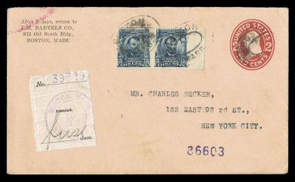 315, 5c Blue imperforate, right sheet-margin horizontal pair, with wide even margins all around and deep luxuriant color, tied to registered 2c Carmine on oriental buff stamped
envelope by two strikes of double oval BostonMass. postmarks, wit