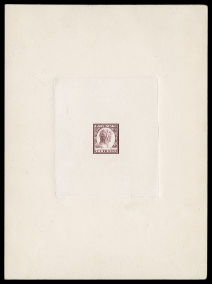 367-E3, 2c Lincoln, large die essay on India, in carmine die sunk on full size card measuring 148x201mm, an incomplete engraving lacking some shading in the head, plus no
background shading and the date ribbon blank, small light corner crease at