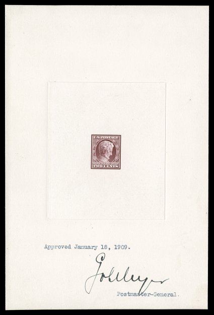367P1, 2c Lincoln, large die proof on India, die sunk on full size card measuring 130x193mm, signed and typewritten dated Approved January 18, 1909 by the Postmaster General,
wonderfully fresh and clean, extremely fine and handsome.