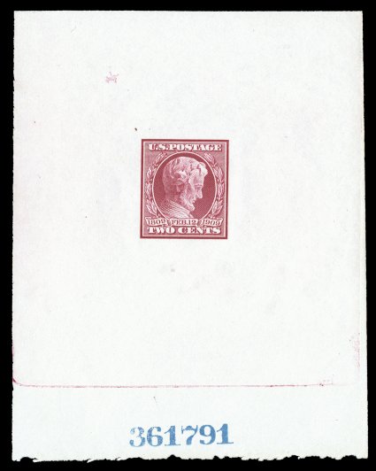 367P1 var., 2c Lincoln, large die proof on wove paper, measuring 76x97mm being most of the die area with an additional overage at bottom, the special die proof prepared for
H.M. Southgate, Bureau control number 361791 at bottom, fresh and ve