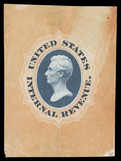Turner Essay 19, Lincoln U.S.I.R. die essays with fugitive ink backgrounds on white glazed card, very scarce group of six different color combinations, most cut square with
very large margins, two trimmed at corners (one of which is card mounted)