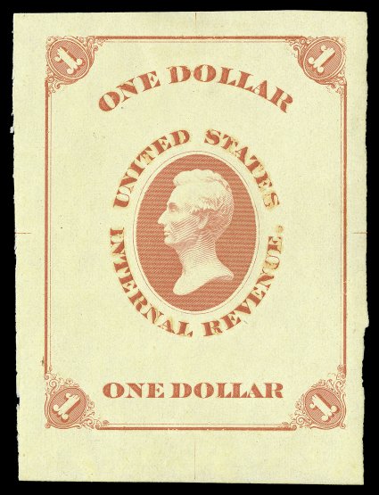 Turner Essay 20a, 20b, $1.00 Lincoln U.S.I.R. die essays on white or yellow glazed paper, scarce and valuable group of five different colors (Black, Brown, Green, Red and Dull
orange - unlisted) on white paper, plus a sixth in Red on yellow paper