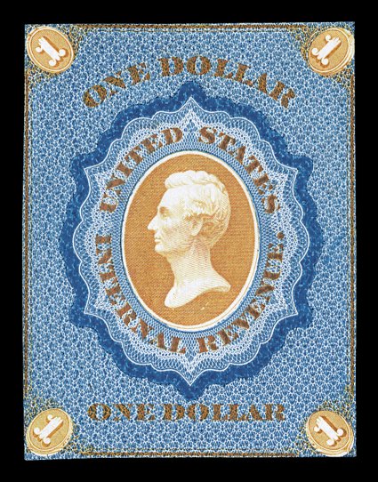 Turner Essay 21a, $1.00 Lincoln U.S.I.R. die essays with cycloidal lathework backgrounds in fugitive inks on white paper, a most remarkable group of eight different color
combinations, one showing running of fugitive ink from a moistened finger