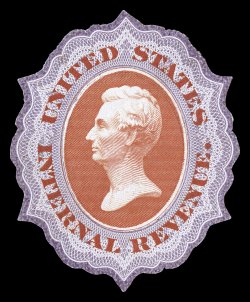 Turner Essay 21b, 21c, $1.00 Lincoln U.S.I.R. die essays with cycloidal lathework backgrounds in fugitive inks on white paper, as above, but either trimmed to shape (as listed)
or cut oval to design, three different color combinations (Orange and