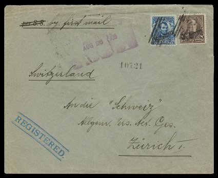 230, 5c Blue, postal history group of eighteen nine different interesting 1905-06 covers, all bearing at least a single of the 5c value and often with additional values, some
are registered including one with two 5c stamps and singles of the 1c