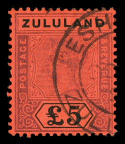 24, 1894 £5 Violet and black on red, a most impressive copy of this rare stamp, with strong unrubbed colors, attractively centered, neat Eshowe c.d.s., very fine 1979 RPS
certificate (S.G. 29 £1,500).