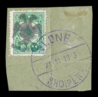 2, 1913 10pa blue green, tied to piece by complete violet Vlone c.d.s., bright color, very fine 1995 Holcombe certificate (Michel A12 Ç800).