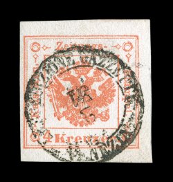 PR3, 1858 4Kr red newspaper tax stamp, a superb example of this classic rarity, being in a quality that is rarely encountered, with three huge oversized margins, full margin at
left, gorgeous color that is uncommonly bright and fresh, complete s