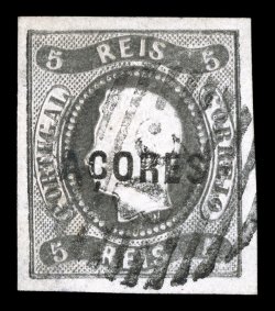 1, 1868 5r Black imperforate, a highly select example of this rare stamp, possessing four large balanced margins, strong color on fresh white paper, 50 in grid cancel of Ponta
Delgada, extremely fine 1968 A. Diena certifcate and undated I.S.P