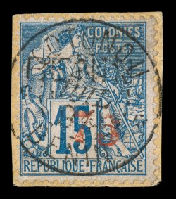 18, 1892 75 red surcharge on 15c Blue, tied to piece by neat centrally struck c.d.s., deep color, fine signed J.F. Brun and accompanied by a 2001 Calves certificate (Yvert 16
Ç620).
