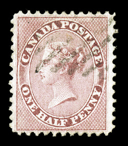 11, 1858 ½p Rose perforated, a select quality used single, featuring far better centering and much larger margins than usually found on this notoriously difficult issue, strong
color and impression, light grid cancel, choice very fine 2002 BPA