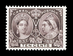 57, 1897 10c Jubilee, gem mint example boasting lavishly large margins and being extraordinarily well centered within them, rich luxuriant color and a sharp impression on
bright paper, o.g., n.h., extremely fine an especially select stamp 2006