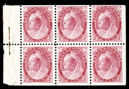 77b, 1900 2c Carmine, Die II, Numeral, booklet pane of six, wonderfully bright and fresh, o.g., never hinged except just a light gum disturbance in the tab and at right where
it was stuck to the interleaving, very fine accompanied by the orig