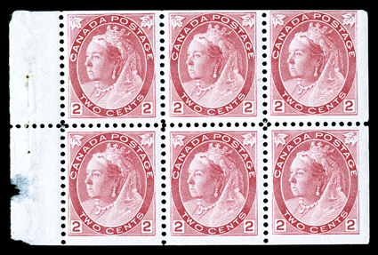 77b, 1900 2c Carmine, Die II, Numeral, booklet pane of six, exceptionally fresh, o.g., right stamp with gum disturbance from interleaving, others never hinged, small piece out
of tab from booklet separation, fine-very fine (Unitrade for fine C