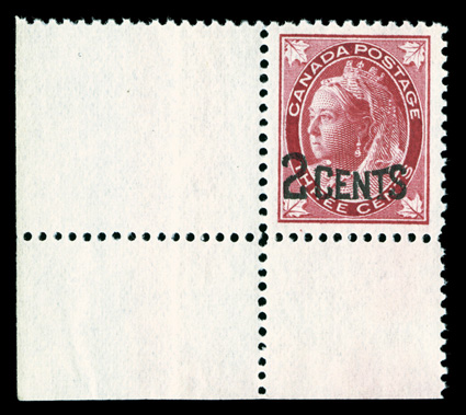 87, 1899 2 Cents surcharge on 3c Carmine Maple Leaf, impressive bottom left corner sheet-margin single, exceedingly well centered within lavishly large margins, brilliantly
fresh, with vibrant color, pristine o.g., never hinged, extremely fi