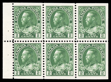 107c, 1922 2c Yellow green, wet printing, booklet pane of six, the right four stamps are especially well centered and margined, deep color, o.g., lightly hinged, very fine
(Unitrade C$420.00).
