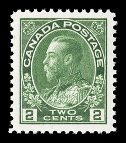 107e, 1923 2c Green, dry printing, a superb mint single that features mathematically precise centering amid extravagantly large margins, rich vibrant color on immaculate white
paper, o.g., n.h., an extremely fine gem (Unitrade C$90.00).