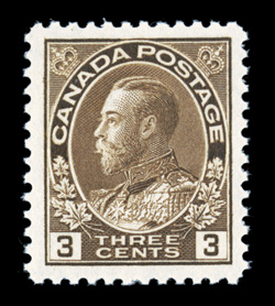 108, 1918 3c Brown, wet printing, exceptionally well centered amid large margins, strong rich color, o.g., never hinged, extremely fine and choice 2007 PF certificate (XF 90)
(Unitrade C$90.00).