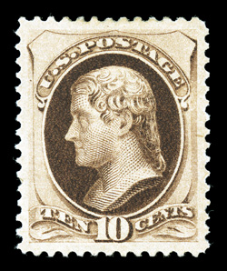 187, 10c Brown, without secret mark, an exciting mint single of this very scarce and difficult Bank Note, being extraordinarily well centered within lavishly large margins
which are most uncommon to this stamp, rich color and a sharp impression,