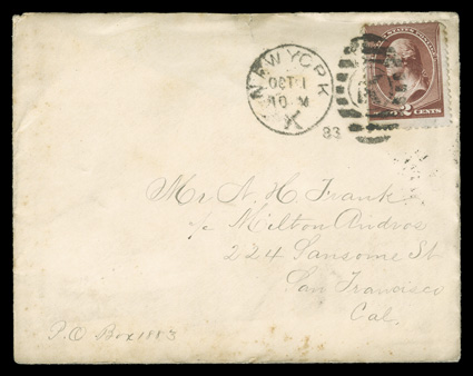 210, 2c Red brown, centered a bit to top and a couple slightly toned perf. tips, tied by New YorkOct 1 83 first day of issue duplex postmark to cover to San Francisco, Oct. 7th
arrival backstamp, cover with flap missing and small opening