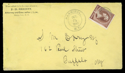 210, 2c Red brown, centered a bit to left, tied by four-ring target to orange cover to Buffalo, N.Y. with well-struck Hannibal, N.Y.Oct. 1 1883 double circle first day of issue
postmark alongside, printed attorneys corner card, cover rep