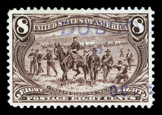 289, 8c Trans-Mississippi, an incredibly choice used example, possessing near perfect centering within considerably larger margins than usually found on this value, rich
luxuriant color and a sharp detailed impression, light purple cancel, e