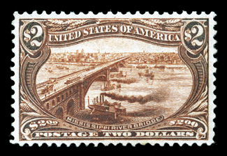 293, $2.00 Trans-Mississippi, far better centering and much larger margins than typically found on this difficult commemorative, especially deep color and a razor-sharp
impression, o.g., lightly hinged, very fine and quite choice 2003 PF certif