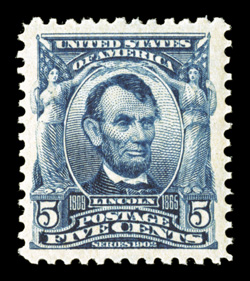 304, 5c Blue, exceedingly well centered within uncommonly large margins, rich color and a sharp impression on bright paper, pristine o.g., n.h., extremely fine 2001 PF
certificate for a block of four, this being the bottom left stamp, and a 200