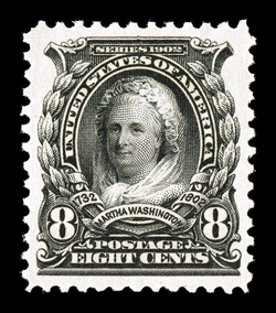 306, 8c Violet black, gem mint single that is impeccably well centered within exceptionally large margins, in addition its color is incredibly deep and rich, while its
impression is truly prooflike on pristine white paper, accompanying certifica