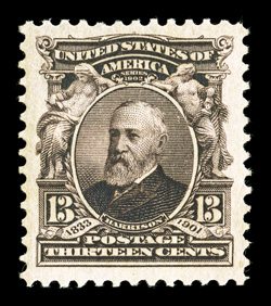 308, 13c Purple black, a highly desirable mint single, possessing extravagantly large margins all around and being remarkably well centered within them, rich luxuriant color on
bright white paper, pristine o.g., never hinged, extremely fine a l