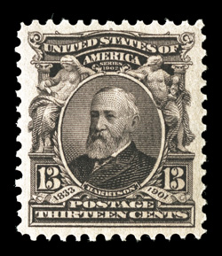 308, 13c Purple black, extraordinarily well centered amid large margins, strong color and a well incised impression, pristine o.g., n.h., extremely fine gem 2008 PSE
certificate (XF-Superb 95 SMQ $770.00).