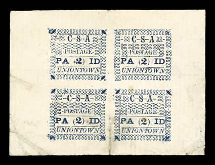 86X2, Uniontown, Ala., 2c Dark blue on white, complete pane of four, unused (without gum), lavishly large margins all around, creases, slight soiling and a tiny pinhole.The
legendary unique pane of the Uniontown Two Cent Postmasters Provision