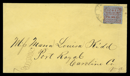 86X5, Uniontown, Ala., 10c Red on gray blue, position 2, unusually large margins all around except at bottom left where clear, deep rich color on deeply blued paper, nicely tied
by characteristic blurry Uniontown, Ala. (1861) c.d.s. to canary co